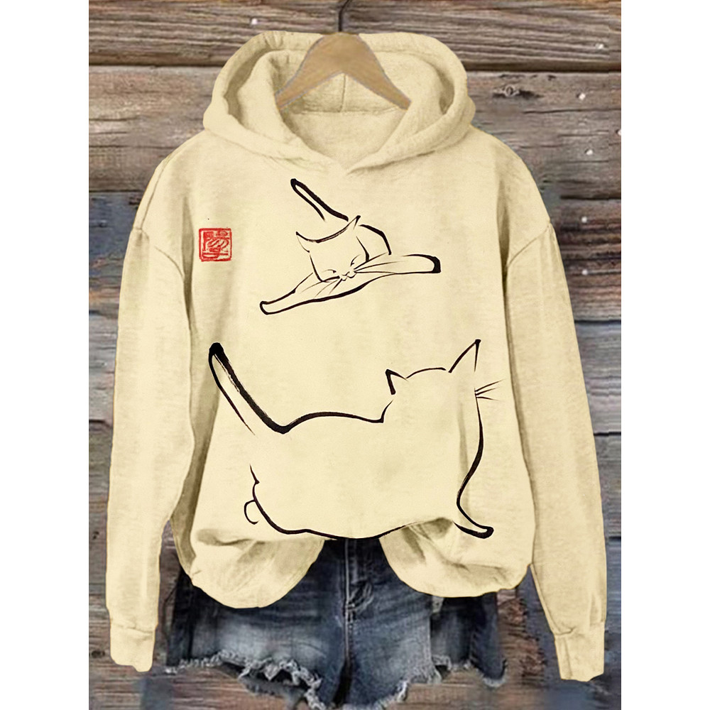 Japanese Art Cats Fighting Graphic Comfy Hoodie