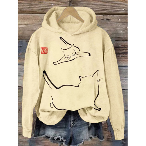 Japanese Art Cats Fighting Graphic Comfy Hoodie