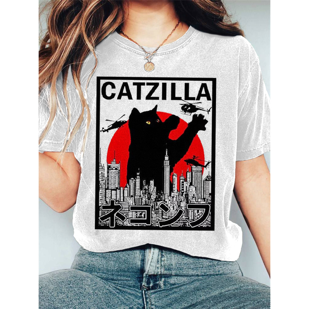 Japanese Art Catzilla Print Casual Cotton T-Shirt