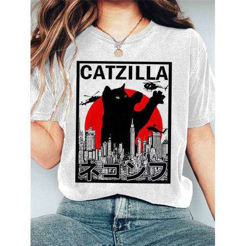 Japanese Art Catzilla Print Casual Cotton T-Shirt
