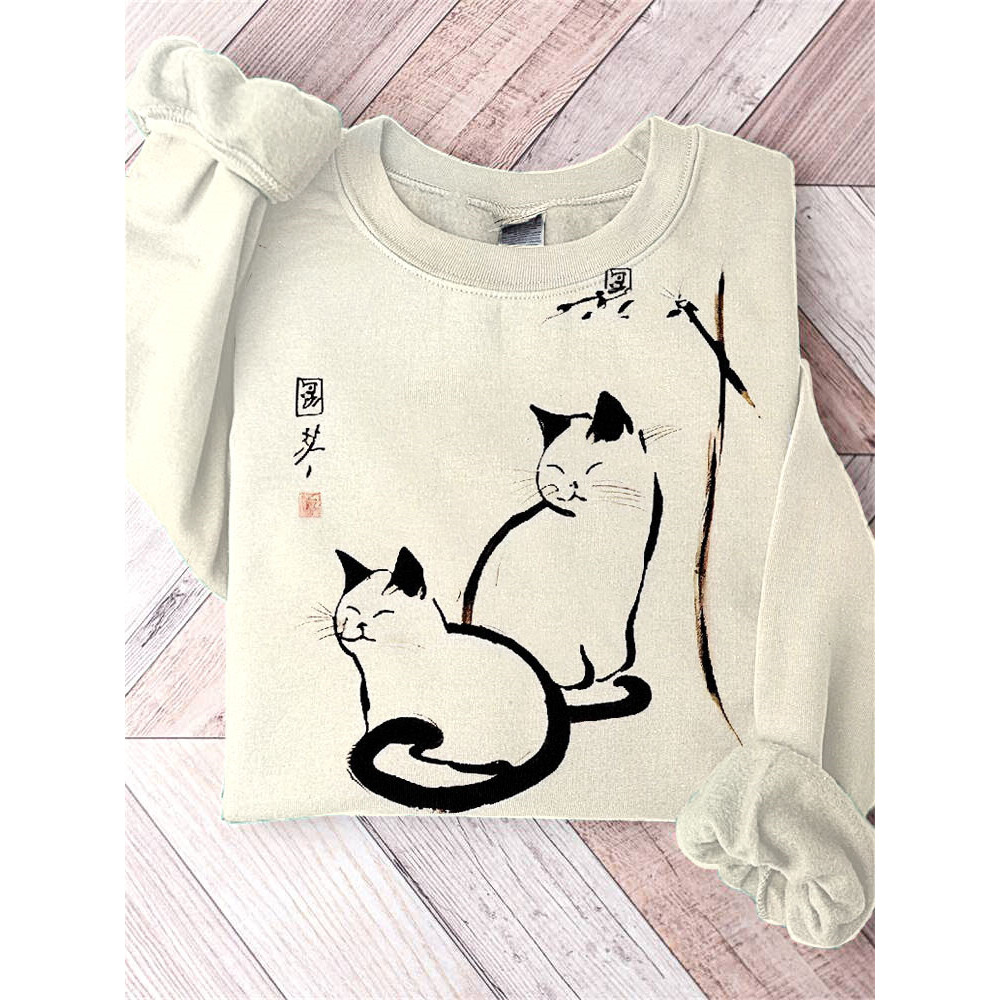 Japanese Art Cute Vintage Cats Print Sweatshirt