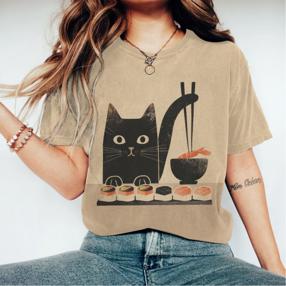 Japanese Art Eating Sushi Cat Print T-Shirt