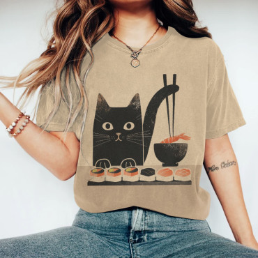 Japanese Art Eating Sushi Cat Print T-Shirt