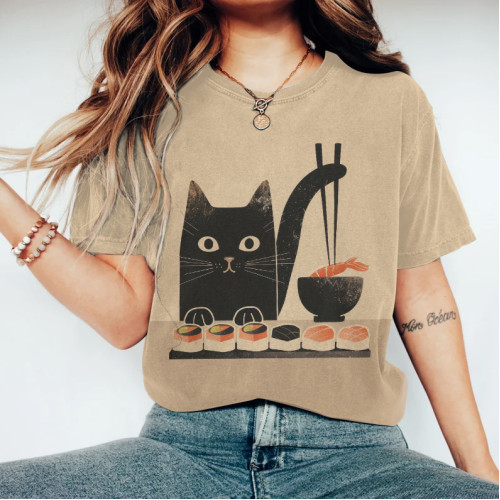 Japanese Art Eating Sushi Cat Print T-Shirt