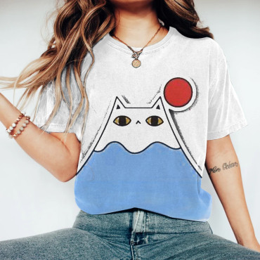 Japanese Art Fuji Kitten Abstract Graphics Casual T-Shirt