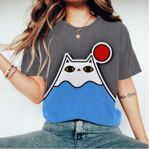 Japanese Art Fuji Kitten Abstract Graphics Casual T-Shirt