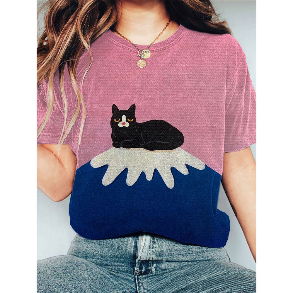 Japanese Art Fuji Mountain Cat Print Cotton Blend T-Shirt