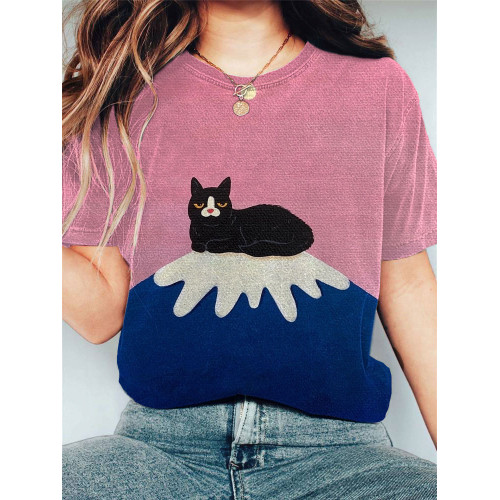 Japanese Art Fuji Mountain Cat Print Cotton Blend T-Shirt