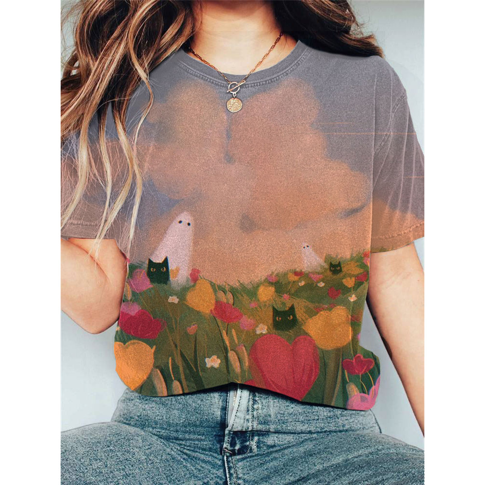 Japanese Art Ghost Cat Print Cotton Blend T-Shirt
