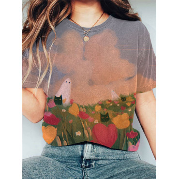 Japanese Art Ghost Cat Print Cotton Blend T-Shirt