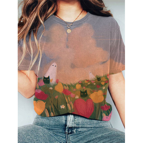 Japanese Art Ghost Cat Print Cotton Blend T-Shirt