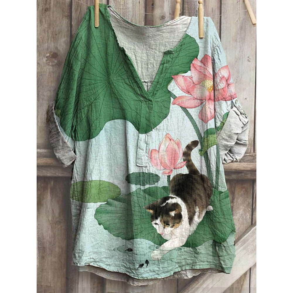 Japanese Art Lotus Tadpoles And Cat Print Cotton Blend T-Shirt