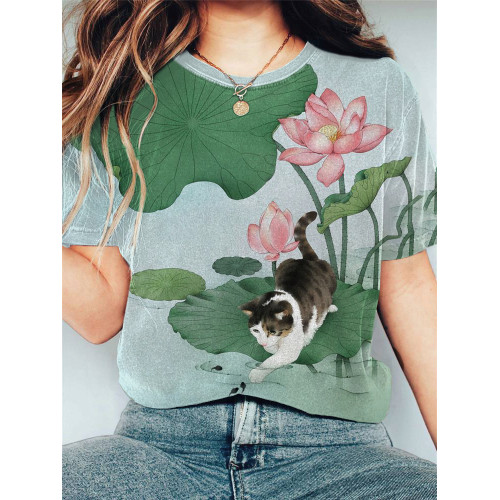 Japanese Art Lotus Tadpoles And Cat Print Cotton Blend T-Shirt