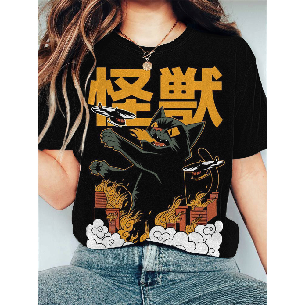 Japanese Art Monster Cat Print Cotton Blend T-Shirt