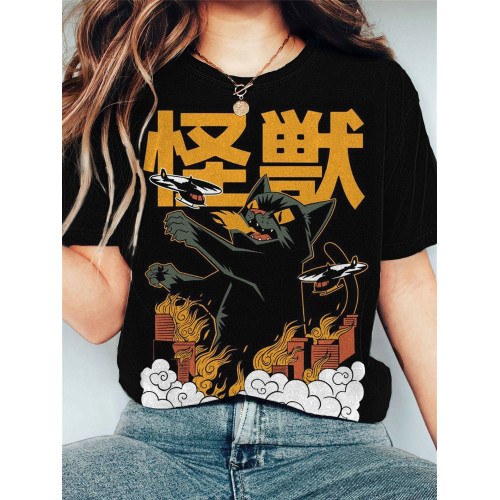 Japanese Art Monster Cat Print Cotton Blend T-Shirt