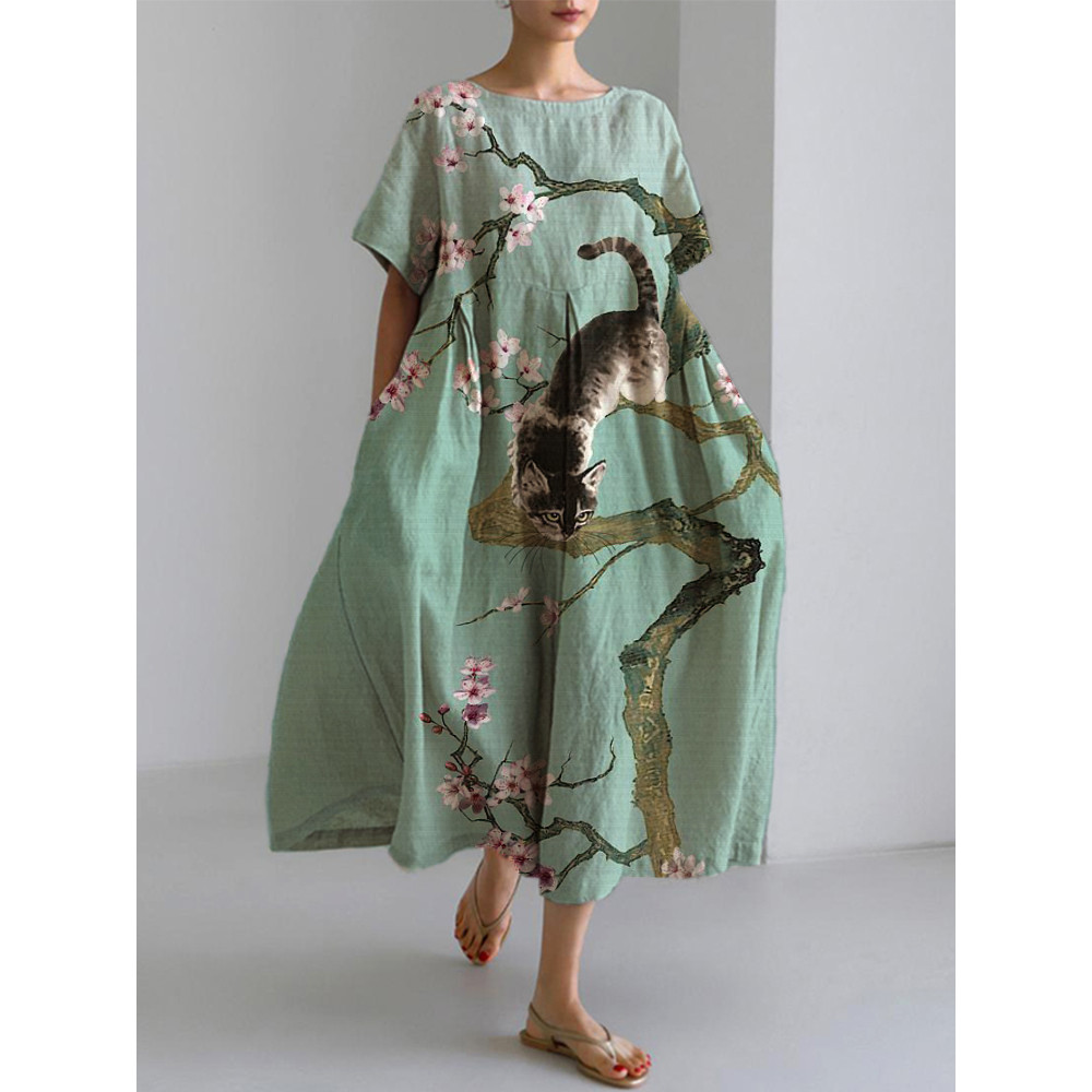 Japanese Art Plum Blossom Cat Print Dress
