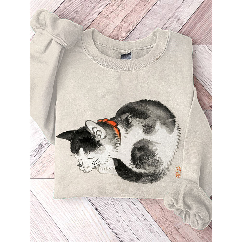Japanese Art Sleeping Cat Print Sweatshirt