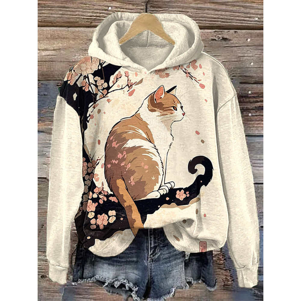 Japanese Art Style Cat Print Casual Hooded