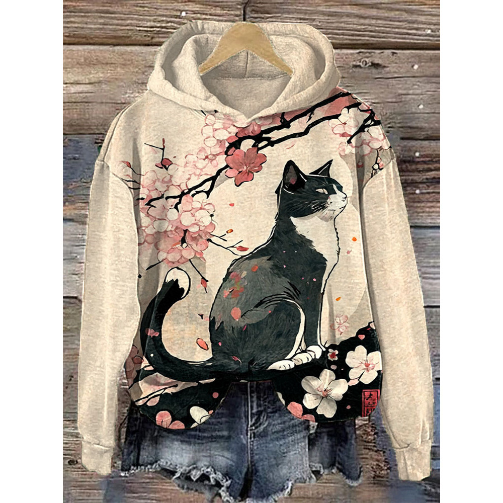 Japanese Art Style Floral Cat Print Casual Hoodie
