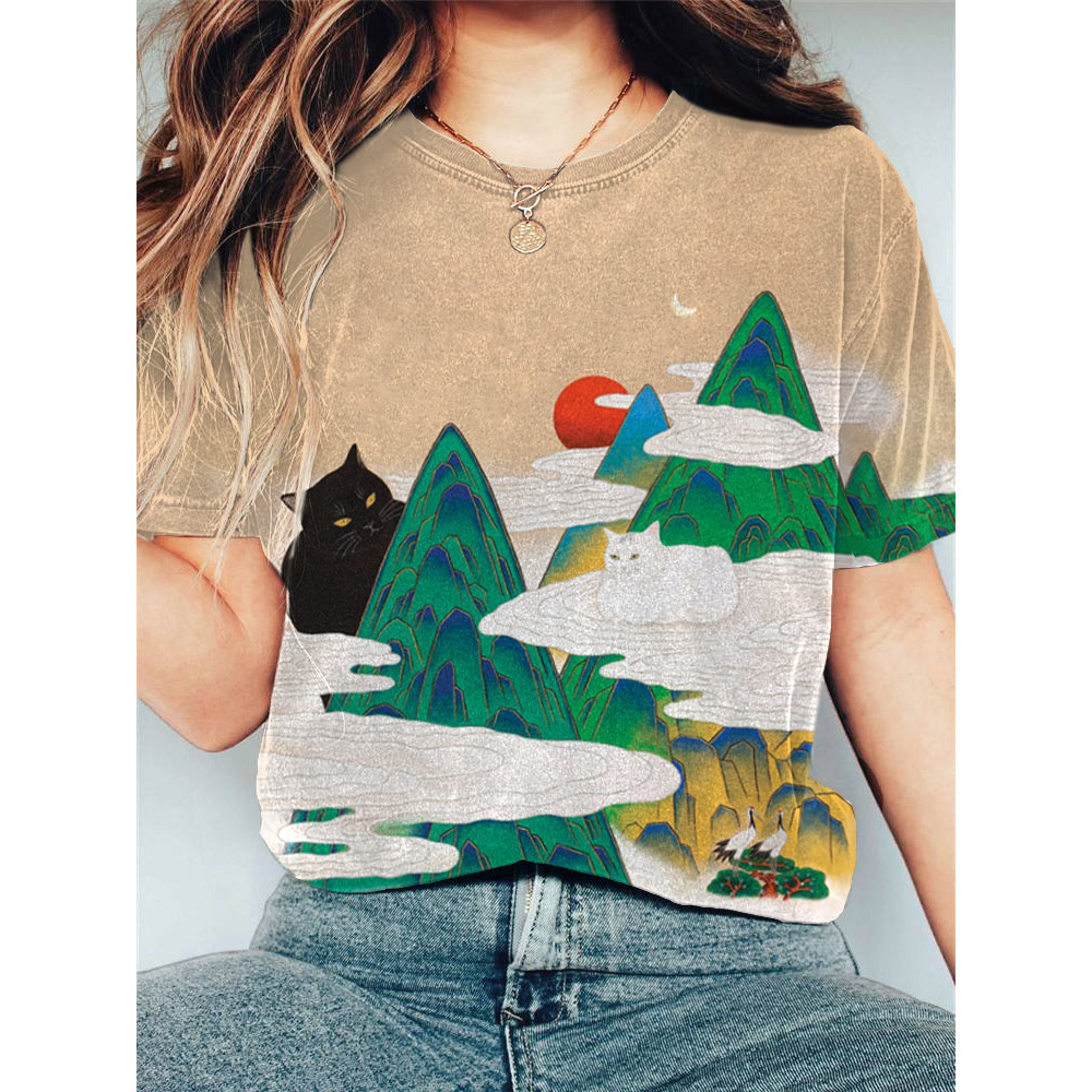 Japanese Art Sunrise Cat Print Cotton Blend Shirt