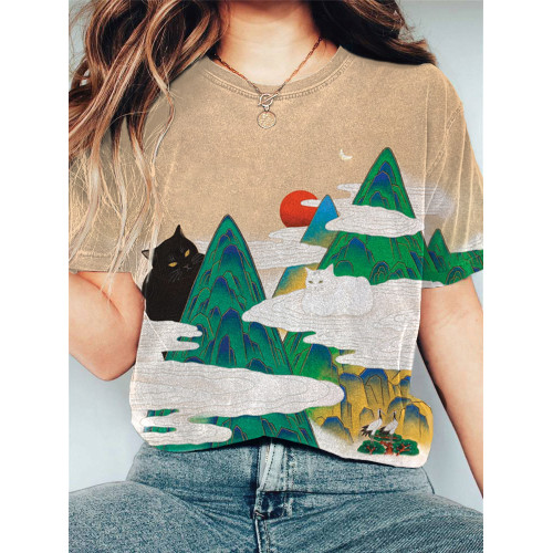 Japanese Art Sunrise Cat Print Cotton Blend Shirt