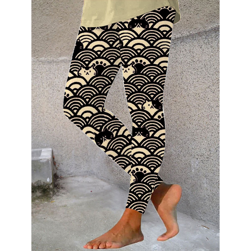 Japanese Art Wave and Cat Print Casual Stretch Leggings