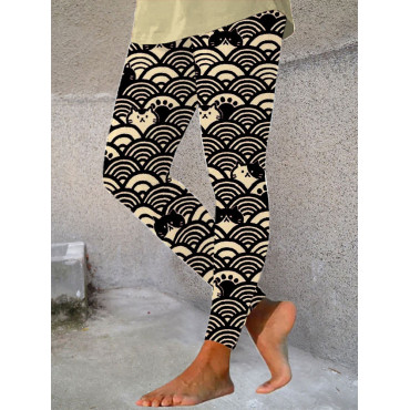 Japanese Art Wave and Cat Print Casual Stretch Leggings