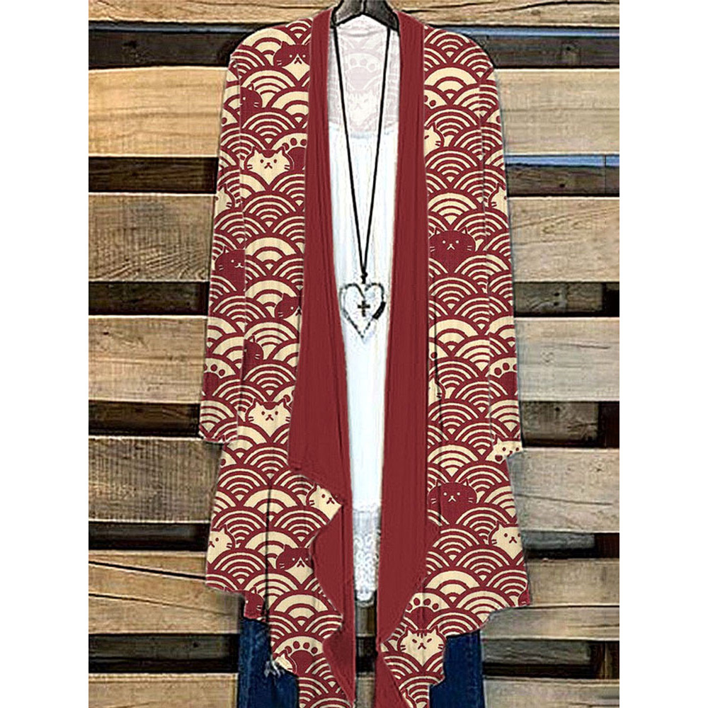 Japanese Art Wave and Cat Print Casual Vintage Cardigan