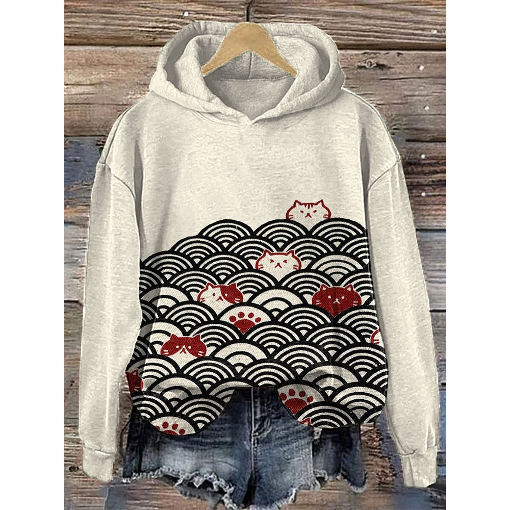 Japanese Art Wave and Cat Print Vintage Hoodie