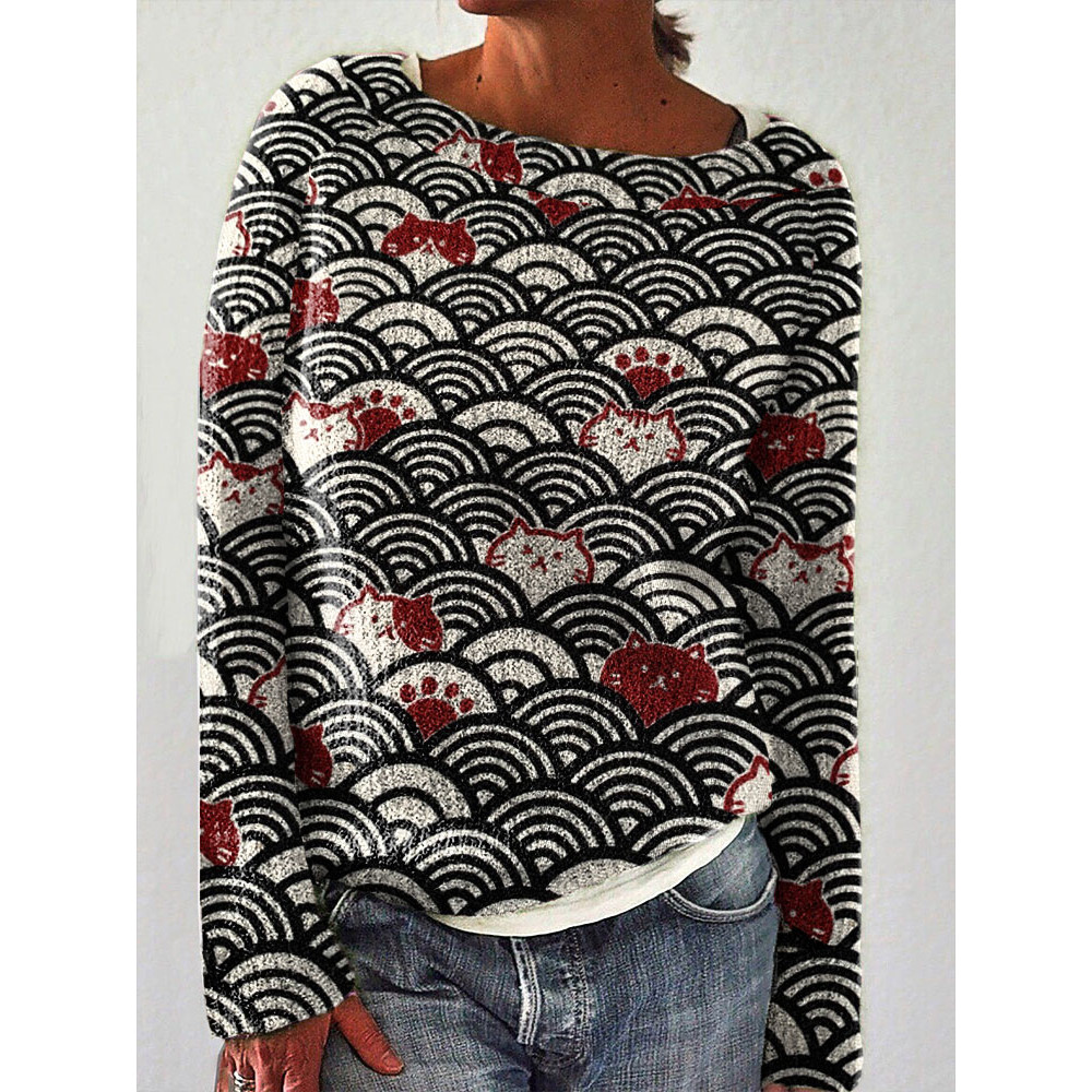 Japanese Art Wave and Cat Print Vintage Sweater