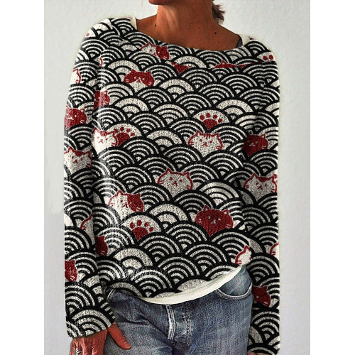 Japanese Art Wave and Cat Print Vintage Sweater