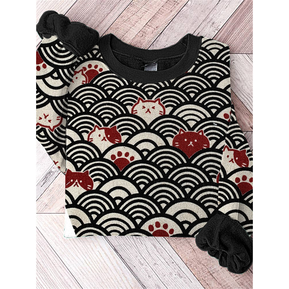 Japanese Art Wave and Cat Print Vintage Sweatshirt