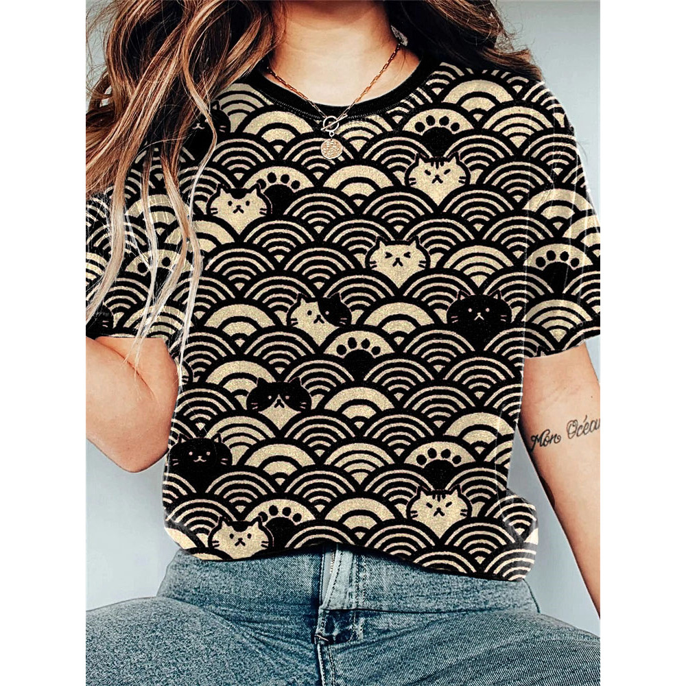 Japanese Art Wave and Cat Print Vintage T-shirt