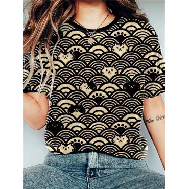 Japanese Art Wave and Cat Print Vintage T-shirt