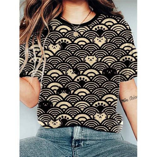 Japanese Art Wave and Cat Print Vintage T-shirt