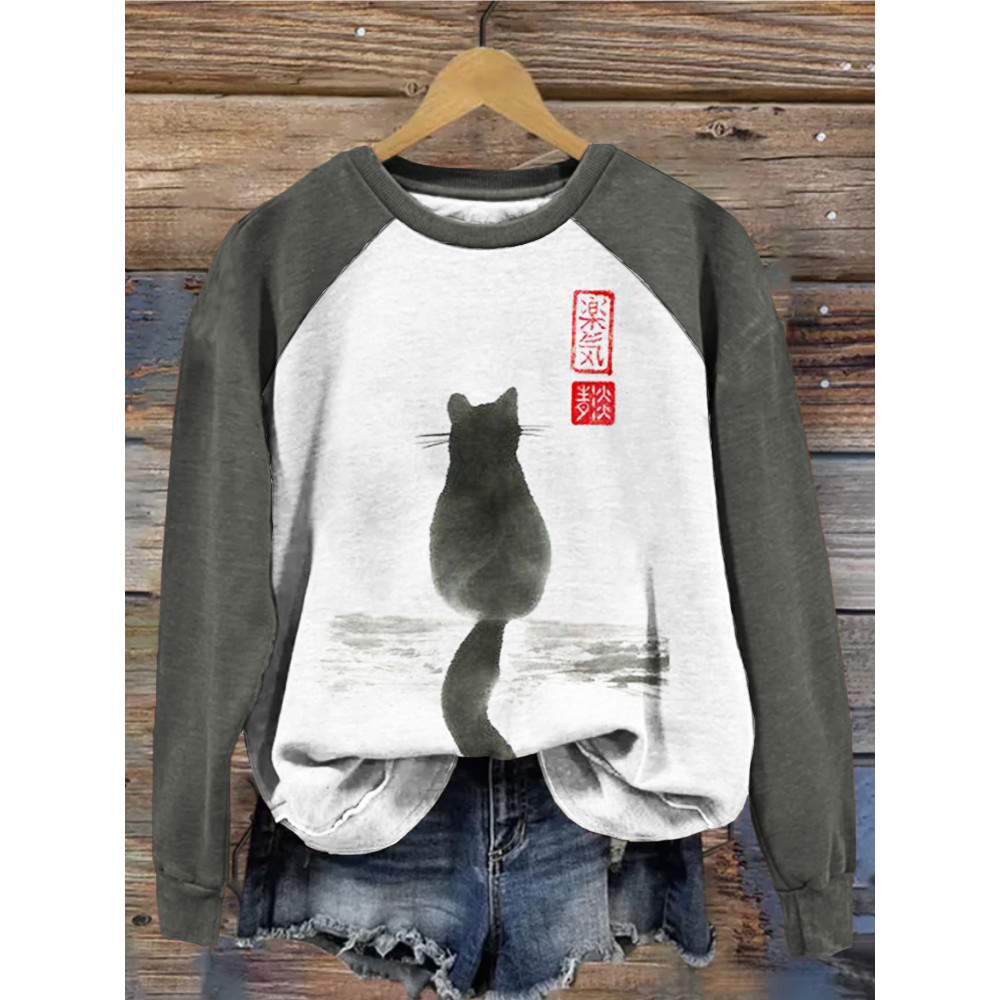 Japanese Cat Art Contrast Color Casual Sweatshirt