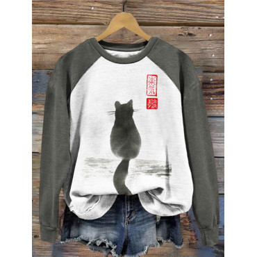 Japanese Cat Art Contrast Color Casual Sweatshirt