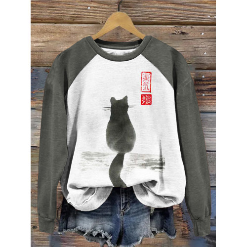 Japanese Cat Art Contrast Color Casual Sweatshirt