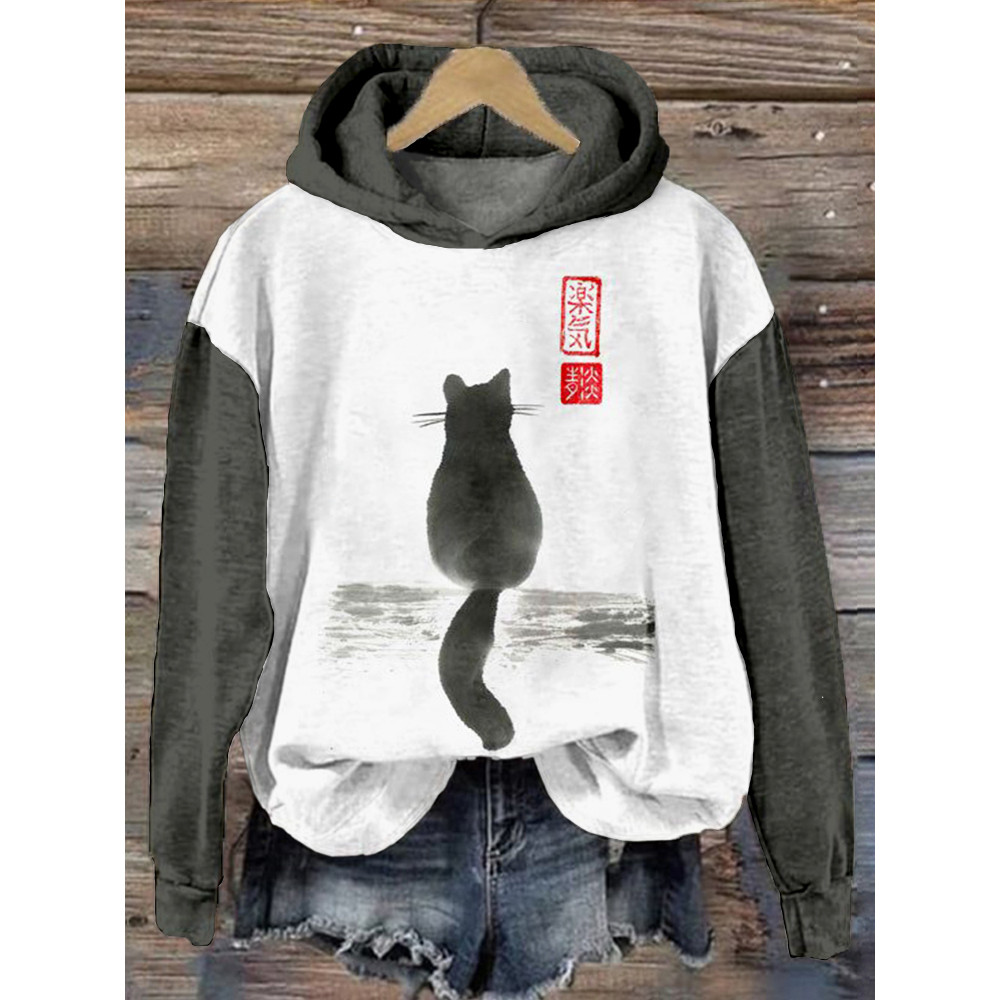 Japanese Cat Art Contrast Color Comfy Hoodie