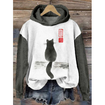 Japanese Cat Art Contrast Color Comfy Hoodie