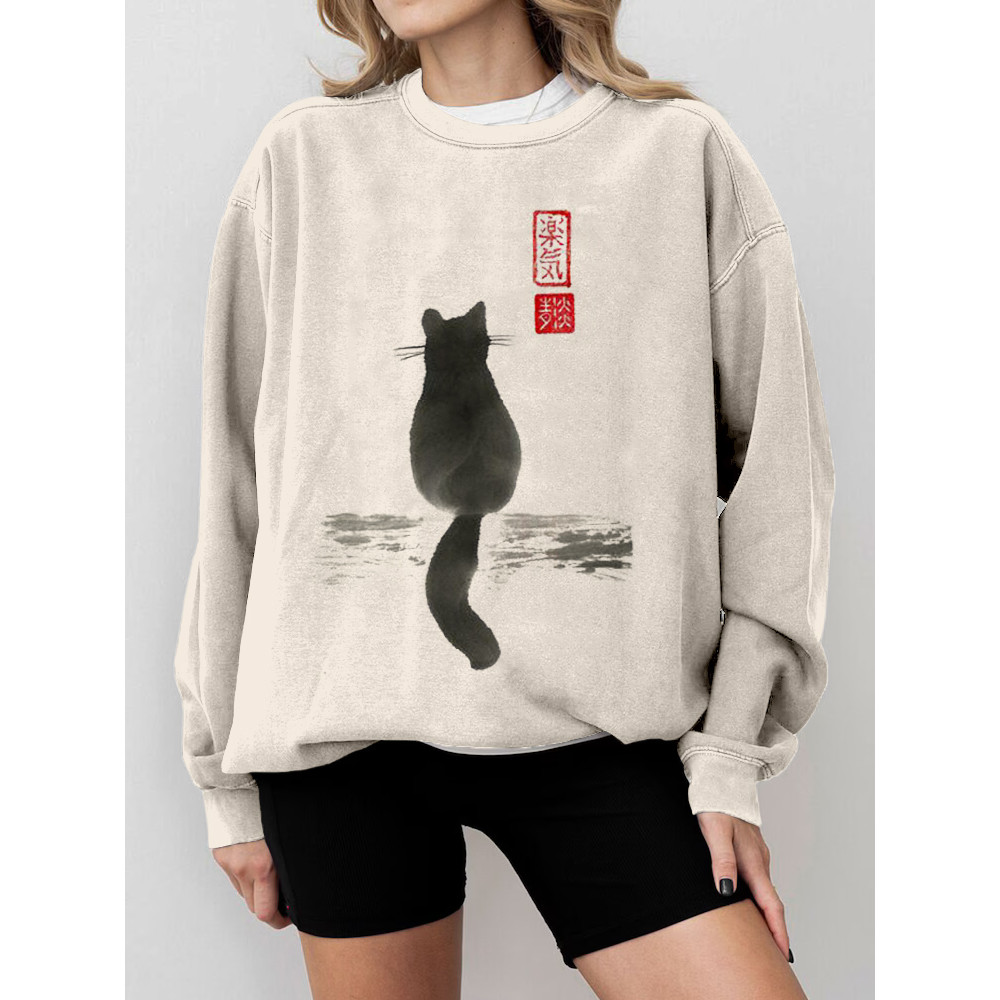 Japanese Cat Art Crew Neck Vintage Cozy Sweatshirt