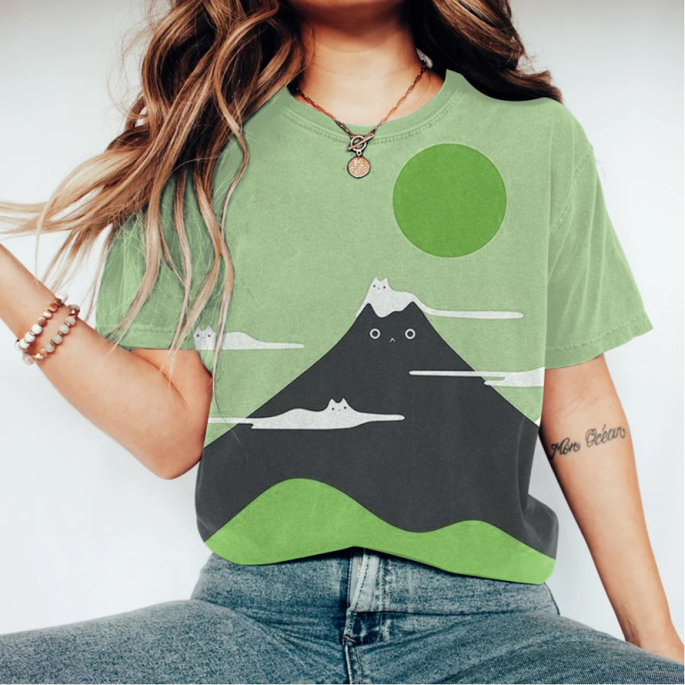 Japanese Cat Art Print Crew Neck T-Shirt