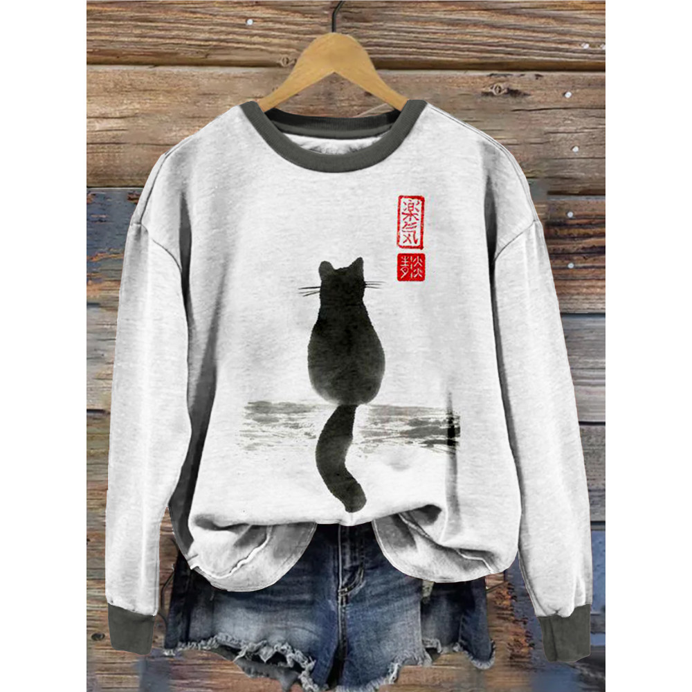 Japanese Cat Art Vintage Crew Neck Sweatshirt