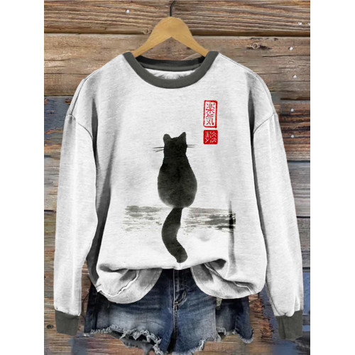 Japanese Cat Art Vintage Crew Neck Sweatshirt