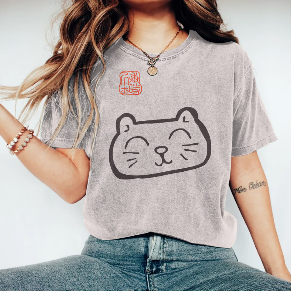 Japanese Cat Art Vintage Washed T Shirt