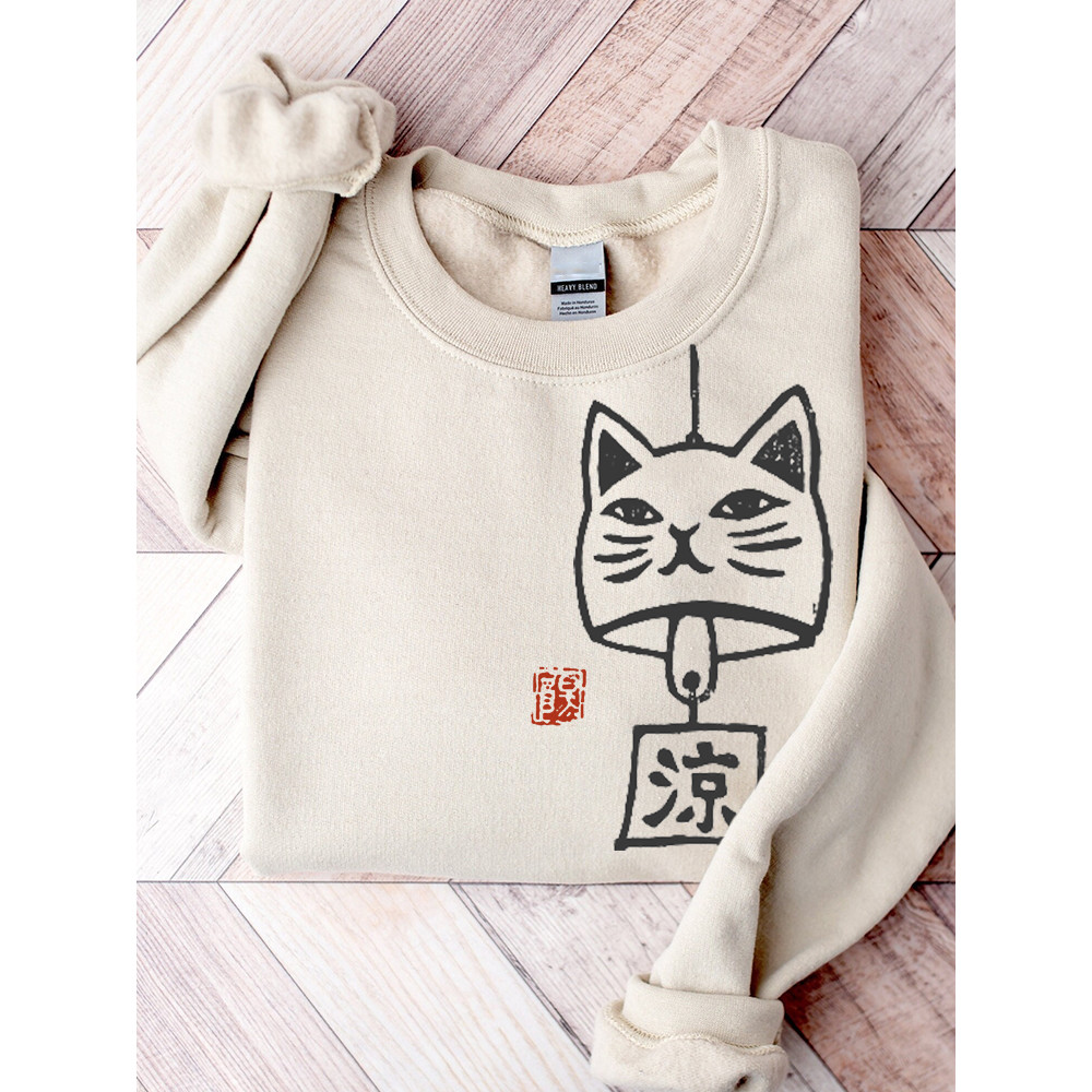 Japanese Cat Wind Chime Lino Art Comfy Sweatshirt