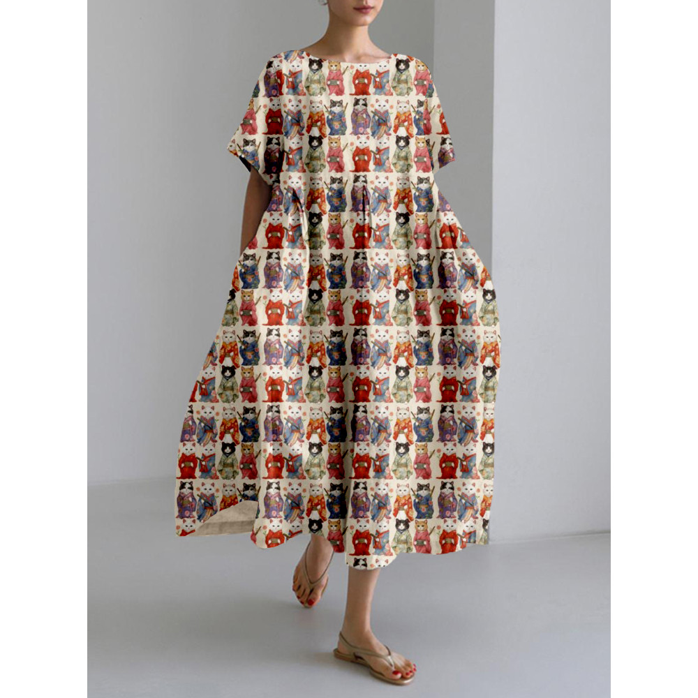 Japanese Kimono Kitties Pattern Linen Blend Maxi Dress