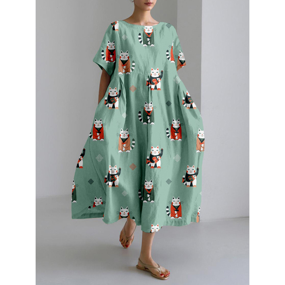 Japanese Lucky Cats with Fish Linen Blend Maxi Dress