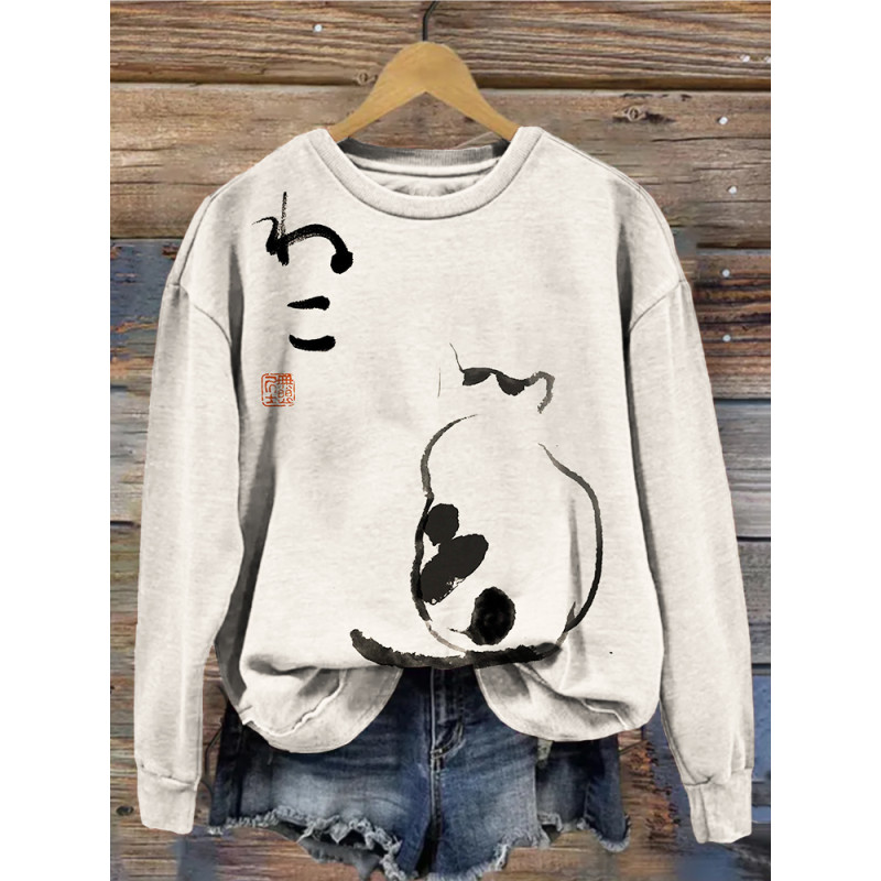 Japanese Minimalist Cat Art Vintage Cozy Sweatshirt