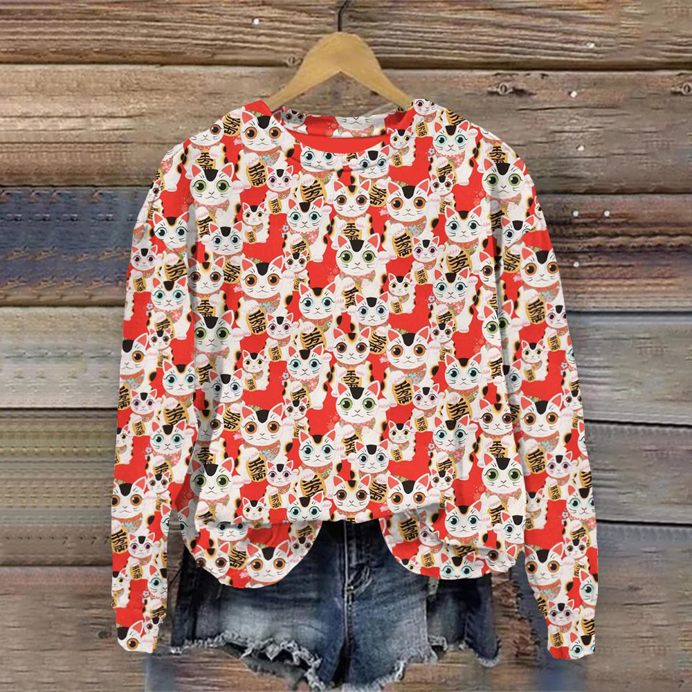 Japanese Red Lucky Cat Print Crew Neck Sweatshirt